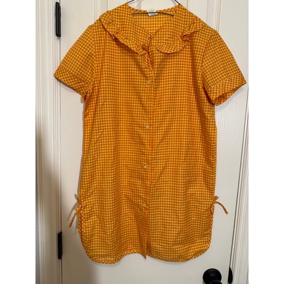 Vintage Texsheen Gingham House Dress 32 Yellow Orange Cottagecore Picniccore - Picture 1 of 8